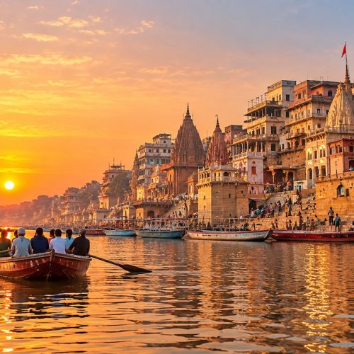 Sunrise boat ride on the River Ganges in Varanasi, with travellers enjoying golden morning views of the historic ghats.